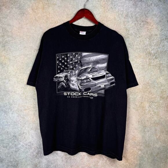 VTG Y2K Stock Cars Graphic T Shirt Mens Sz XL Black Racing USA Nascar - Picture 1 of 7